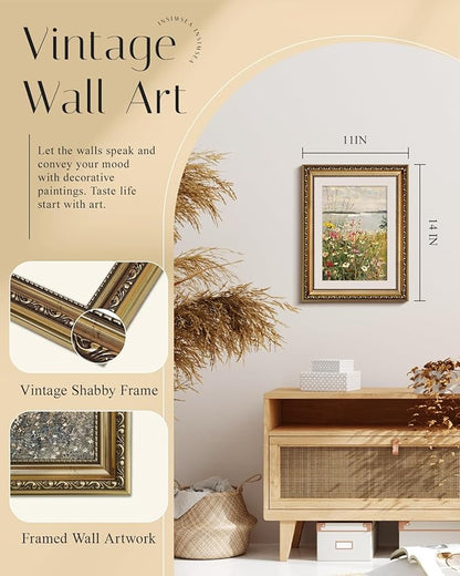 InSimSea Gold Framed Canvas Wall Art Room Decor Vintage Wildflower Field Landscape Decor Classical Floral Oil Painting Canvas Prints Coastal Flower Wall Decor for Living Room Bathroom Bedroom 11x14in