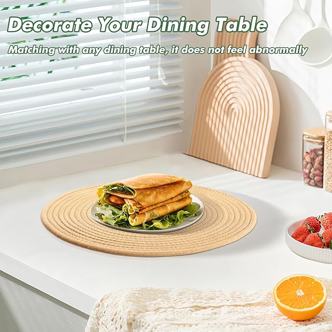 Round Woven Placemats Set of 8 Heat Resistant Placemats 13.5 Inches Farmhouse Cotton Rope Place Mats for Dining Tables Trivets for Hot Dishes, Brown