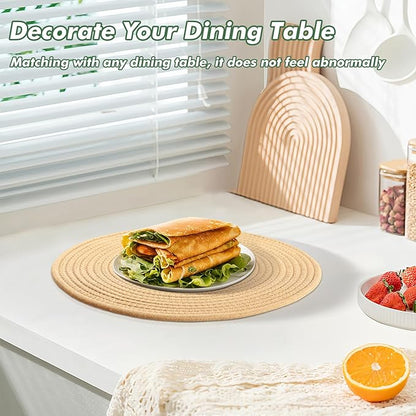 Round Woven Placemats Set of 8 Heat Resistant Placemats 13.5 Inches Farmhouse Cotton Rope Place Mats for Dining Tables Trivets for Hot Dishes, Brown