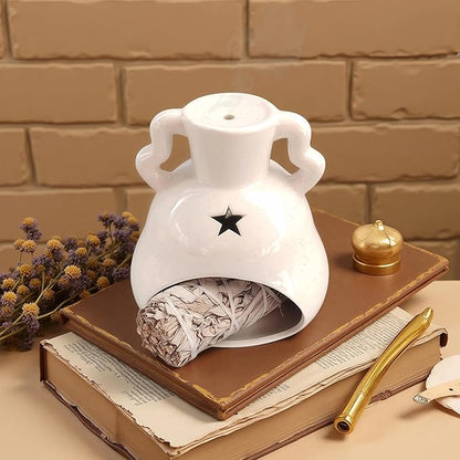 Handmade Ceramic Palo Santo Holder Burner & Sage Holder - Mini Tabletop Chiminea Burner Tray with Ash Catcher, Decorative Incense Holder for Spiritual Meditation & Yoga