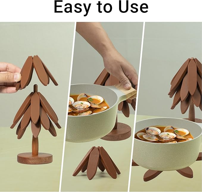 Silicone Trivets Mat Set for Hot Dishes - Tree Trivets with Stand - Hot Pads Pot Holders for Kitchen (Brown)