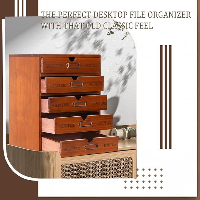 Wesiti 5 Drawer Apothecary Cabinet - Vintage Wooden Desk Organizer - Library Card Catalog Wood Storage Box - Office Desktop Dresser for Stationery, Thread Embroidery, Sewing, Crafts, Junk & Supplies
