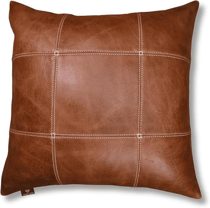 LL LEATHER LOVERS Genuine Lambskin Leather Pillow Cover, 16x16 Inch Case for Lumbar Throw Couch Pillows, Thick & Soft Cushion Covers for Sofa Bed Home Décor (Square Grid Antique Brown Pack of 2)