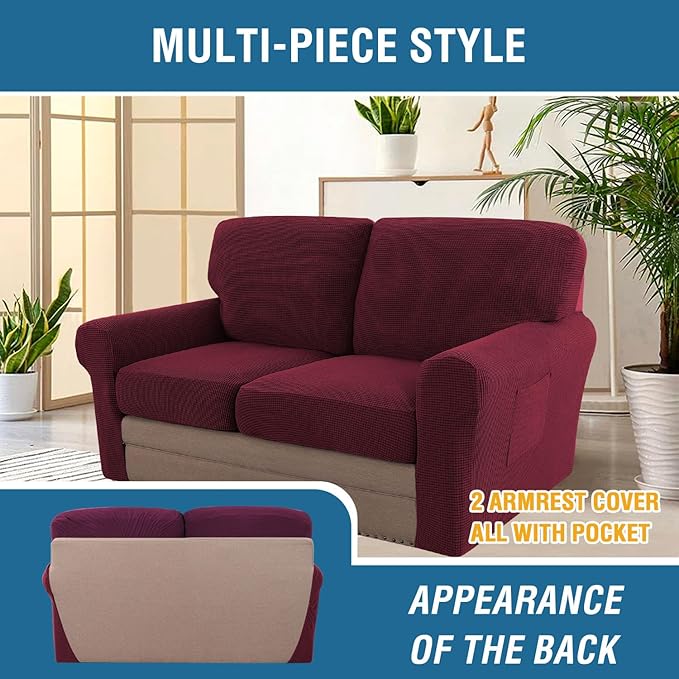 H.VERSAILTEX Multi-Pieces Sofa Covers Stretch Couch Covers Form Fitted Seats and Back Cushions Covers (2 Seat Covers Plus 2 Back Cusion Covers, Bonus 2 Armrest Covers), Burgundy