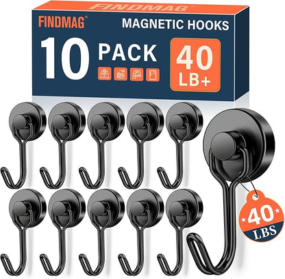 FINDMAG Magnetic Hooks, 40lb+ Black Magnetic Hooks for Classroom, 2026 Cruise Essentials, 10 Pack Strong Magnet Hook Heavy Duty, Neodymium Magnet Hooks for Cruise, Workplace, Home Storage, Kitchen