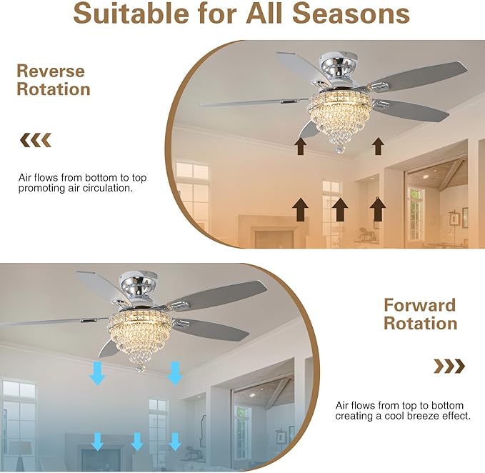 Crystal Ceiling Fan Fandelier with Lights-Ceiling Fans,50" Low Profile and Remote Control, Flush Mount, Reversible, Dimmable, Noiseless,Ceiling Fan for Bedroom（Chrome）
