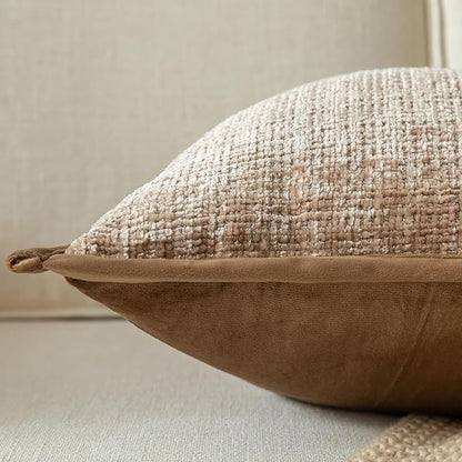 Yaertun Pack of 2 Chenille Textured Decorative Throw Pillow Covers Accent Solid Cushion Cover Soft Cozy Pillow Case with Velvet Back for Couch Sofa Bed Living Room 16x16 Inch Camel