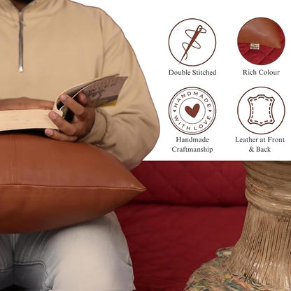 Lambskin Leather Pillow Cover, Hand Panel Stitched Leather Decorative Throw Pillow Covers for Couch Sofa Bed Living Room Garden (14x14 Inches, Brown Pack of 2)