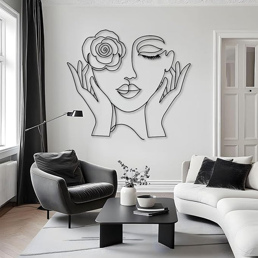 Trpiox Minimalist Woman Face Metal Wall Art, Abstract Metal Wall Art, Line Art Wall Decor for Living Room, Bedroom, Bathroom (Black,31" W x 28" H / 80 x 71 cm)