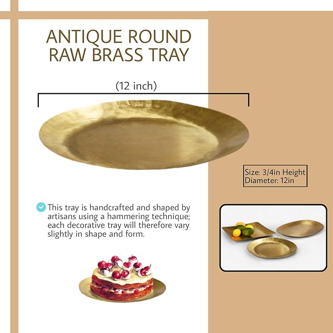 Serene Spaces Living Antique Round Raw Brass Tray, Hammered Decorative Metal Tray Use as Holder for Accessories, Candles, Jewelry, Centerpiece for Kitchen or Dining Table, 12" Diameter & 0.75" Tall