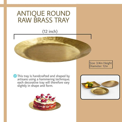 Serene Spaces Living Antique Round Raw Brass Tray, Hammered Decorative Metal Tray Use as Holder for Accessories, Candles, Jewelry, Centerpiece for Kitchen or Dining Table, 12" Diameter & 0.75" Tall