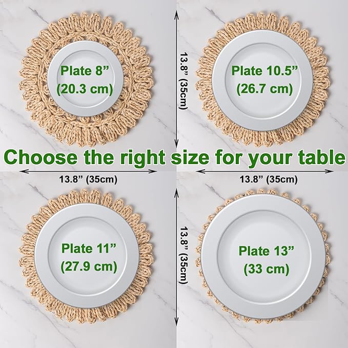 13.8" Set of 8 Round Corn Husk Placemats | Boho Woven Rattan Table Mats | Farmhouse Wicker Spring Plate Chargers Like Water Hyacinth, Seagrass for Wedding, Party, Christmas, Events