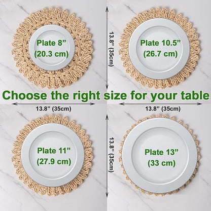 13.8" Set of 8 Round Corn Husk Placemats | Boho Woven Rattan Table Mats | Farmhouse Wicker Spring Plate Chargers Like Water Hyacinth, Seagrass for Wedding, Party, Christmas, Events
