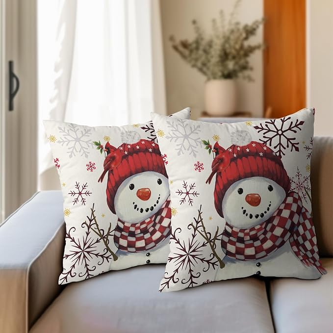 Christmas Pillow Covers 18x18 Set of 2 Red Snowman Throw Pillow Covers Winter Pillowcase Linen Decoration Farmhouse Bird Cozy Soft Cushion Case Couch for Indoor Outdoor Home Decor