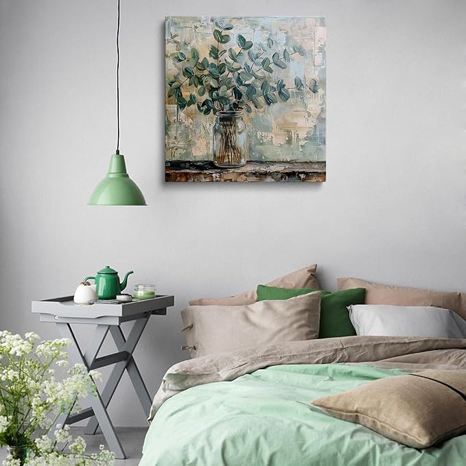 Eucalyptus Botanical Vase Wall Art Canvas Print Abstract Farmhouse Painting Rustic Modern Home Wall Decor for Living Room Bedroom Office Soft Green Leaves Still Life Artwork Canvas 14x14 Inches