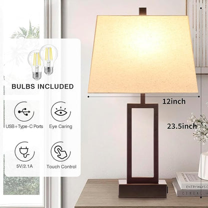 Touch Control Table Lamps Set of 2, Modern Brown Bedside Lamps with USB A+C Ports & AC Outlet, 3 Way Dimmable Contemporary Nightstand Lamps for Bedroom Living Room(LED Bulb Included)