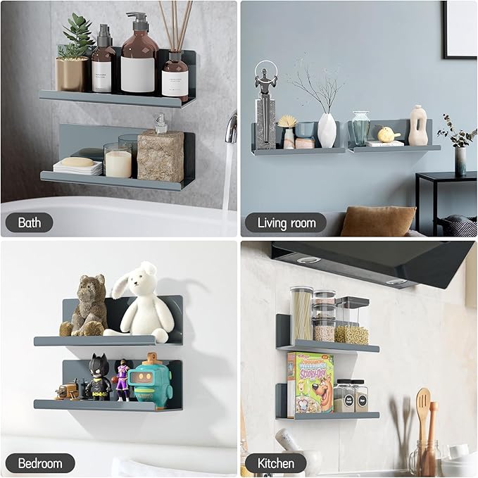 PAVSTINE Adhesive Floating Shelves for Wall No Drilling, 12 Inch Acrylic Self Adhesive Shelves, Stick on Shelves, Dorm Wall Shelf, for Bathroom, Kitchen, Bedroom, Office, Gaming Room, Gray
