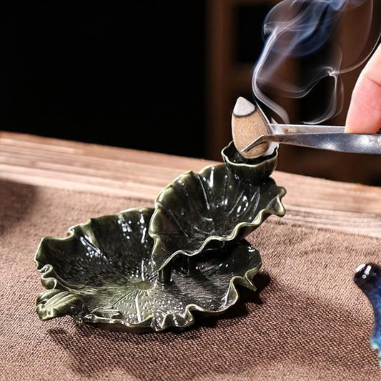 Waterfall Incense Cone Holder Lotus and Frog Bronze Backflow Insense Burner Metal Incense Holder Aromatherapy Ornament Home Decoration