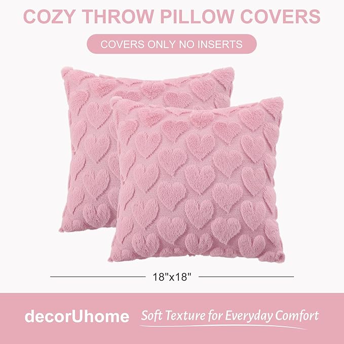 decorUhome Valentine’s Day Soft Plush Throw Pillow Covers 18x18 Inch Set of 2, Faux Fur Pink Heart Decoration Neutral Square Pillow Covers for Couch Sofa Bed Cozy Farmhouse Holiday Decor