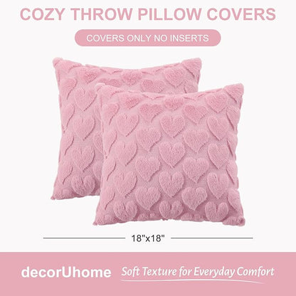 decorUhome Valentine’s Day Soft Plush Throw Pillow Covers 18x18 Inch Set of 2, Faux Fur Pink Heart Decoration Neutral Square Pillow Covers for Couch Sofa Bed Cozy Farmhouse Holiday Decor