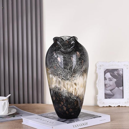 Hand Blown Smoke Glass Vase,Black Amber Vases Home Decor,Vintage Gray Glass Vase, Round Bubble Art for Flowers,Farmhouse Vases for Table Decor and Modern Home Unique Abstract Design (S)