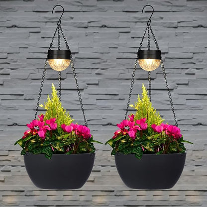 BAYN 2 Packs Solar Hanging Basket Planters for Plants Outdoor, Self Watering Black Flower Plants Pots with Solar Light Drainer for Balcony Patio Garden Outdoor Decoration