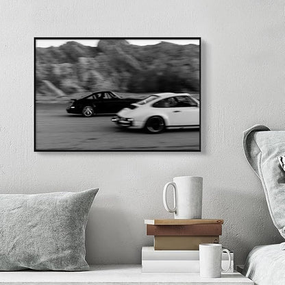 Black and White Photography Canvas Wall Art, Race Cars Aesthetic Poster, Trendy Classic Car Racing Photo Print Gift for Timeless Speed Enthusiasts, Man Cave Bedroom Wall Decor 24x36in Framed