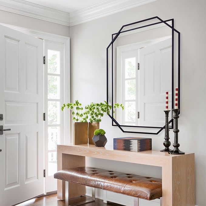 48.5"x32.5" Large Decorative Bathroom Mirror for Wall with Metal Frame, Black Hanging Mirror for Wall, Living Room, Dining Room, Entryway