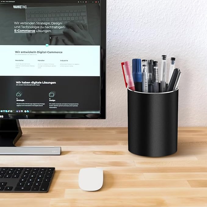 RQB Metal Pen Holder for Desk Round Aluminum Desktop Organizer and Makeup Brush Holder Storage Box for Office, School, Home, and Kids, Non-slip silicone bottom3.9×3.14inch (Black)