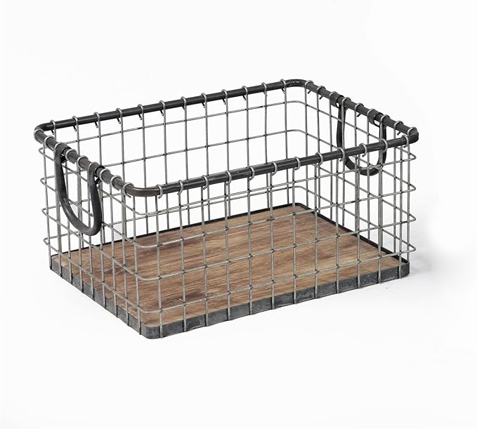 16" Wide Rectangular Sturdy Hand Welded Farmhouse Metal Wire Basket with Rustic Wooden Bottom For Shelves, Closet Storage Bins for Shelves. Also For Laundry, Towel, Spice Rack, Tool Box (16"x12")