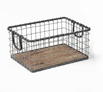 16" Wide Rectangular Sturdy Hand Welded Farmhouse Metal Wire Basket with Rustic Wooden Bottom For Shelves, Closet Storage Bins for Shelves. Also For Laundry, Towel, Spice Rack, Tool Box (16"x12")