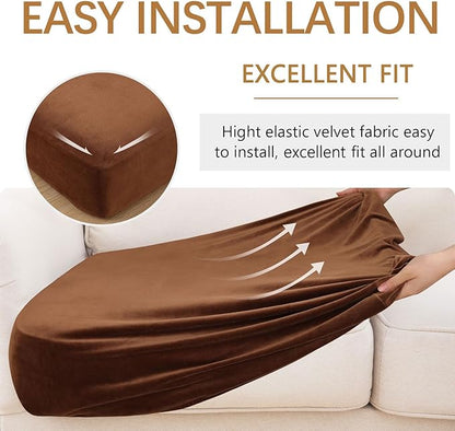 hyha Velvet Couch Cushion Covers, Soft Sofa Seat Covers for sectional 2 Cushion Couch Washable, Magic Sofa Slipcover with Elastic Bottom, Non-Slip Furniture Protector for Pets, Kid(2PC, Brown)