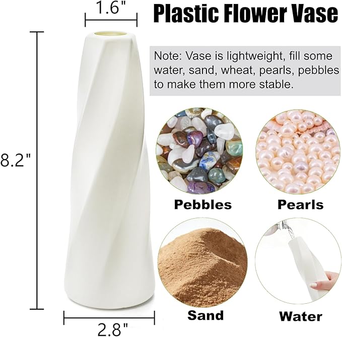 10 Pack White Flower Vases Bulk, 8" Modern Style Vases, Composite Plastic Unbreakable Bud Vase, Tall Conic Floral Vase for Centerpieces Bouquet Home Decor Wedding Party Dinner Table