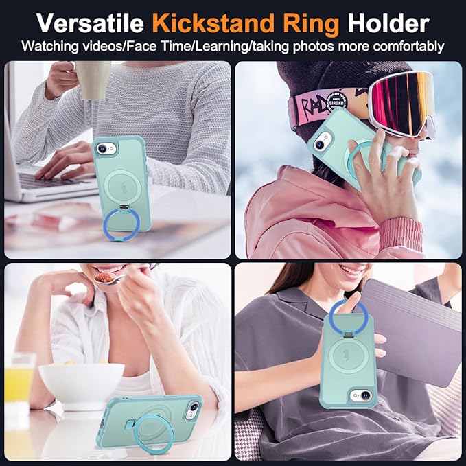 Compatible with iPhone 16E Case with Invisible Magnetic O-Ring Stand Military-Grade Translucent Case for iPhone 16E 6.1" 2025 [Compatible with Mag-Safe][Great Grip Feeling], Blue