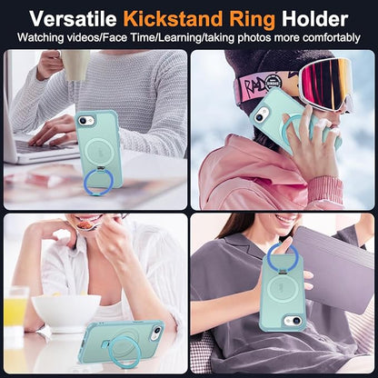 Compatible with iPhone 16E Case with Invisible Magnetic O-Ring Stand Military-Grade Translucent Case for iPhone 16E 6.1" 2025 [Compatible with Mag-Safe][Great Grip Feeling], Blue