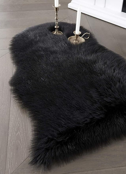 SERISSA Soft Faux Sheepskin Fur Rug Black Fluffy Area Rug Shag Rug Carpets for Bedroom Floor Living Room Decor 2 x 3 Feet