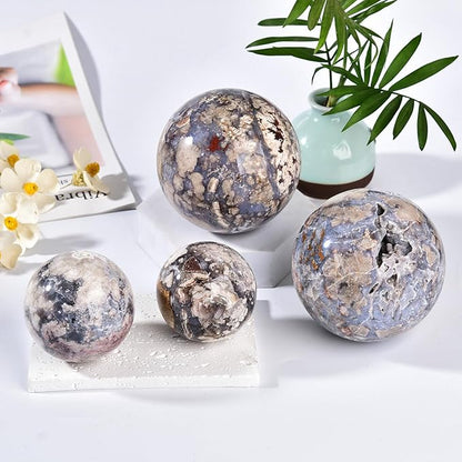 JIC Gem Blue Cherry Blossom Agate Crystal Ball with Stand Healing Crystal Sphere Natural Flower Agate Stone Meditation Home Decor 2.3-2.7 inch (60-70mm)