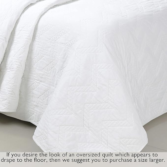 Cozy Line Home Fashions 100% Cotton Geometric Modern Zig Zag Stitch Solid White Quilt Bedding Set, Coverlet, Bedspread Lightweight for All Season (Chevron - White, Twin - 2 Piece)