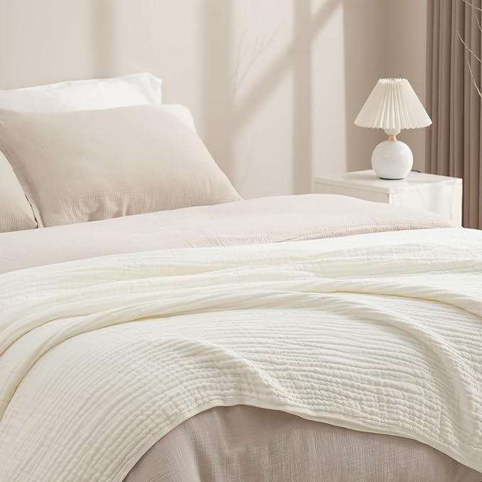 PHF Cooling Muslin Blanket Twin Size 60"x80", 6-Layer Lightweight Gauze Blanket Made from 35% Rayon Derived from Bamboo & 65% Cotton, Breathable & Ultra Soft Cozy for Hot Sleepers, Snow White