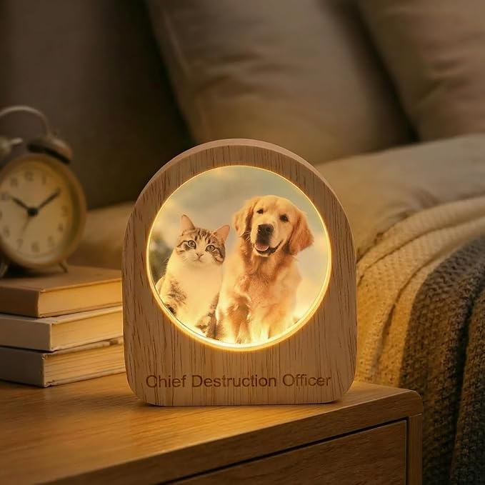 Custom 3D Crystal Photo Night Light Personalized Photo Crystal Ball Engraved Picture Lamp with Wood Base Memorial Gift for Pets Family Couple Birthday Valentine's Day (Style 1)