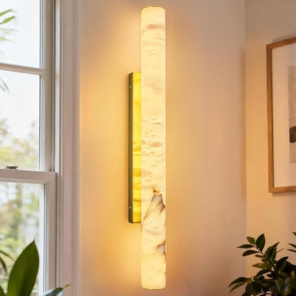 LMQNINE Natural Alabaster Wall Sconces Spanish Marble Wall Light Cylinder Modern Gold LED Sconce for Living Room Bedroom Bathroom Stairs（L-1Pack）