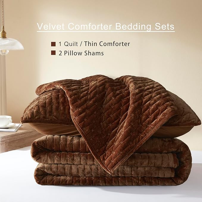 LEAONME Velvet Quilt California King Size 118''x106'', Lightweight Caramel Velvet Comforter Set with 2 Matching Shams, Soft Cross Stitch Bedspread Coverlet, Oversized King Bedding Set for All Season