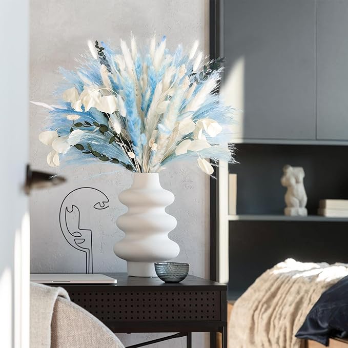 N&T NETING 101Pcs Blue Pampas Grass Decor Natural Dried Floral Pampas Grass Light Blue Boho Pampas Home Decor Fluffy Dried Pampas Flowers for Home Wedding Boho Beach Theme Table Decor