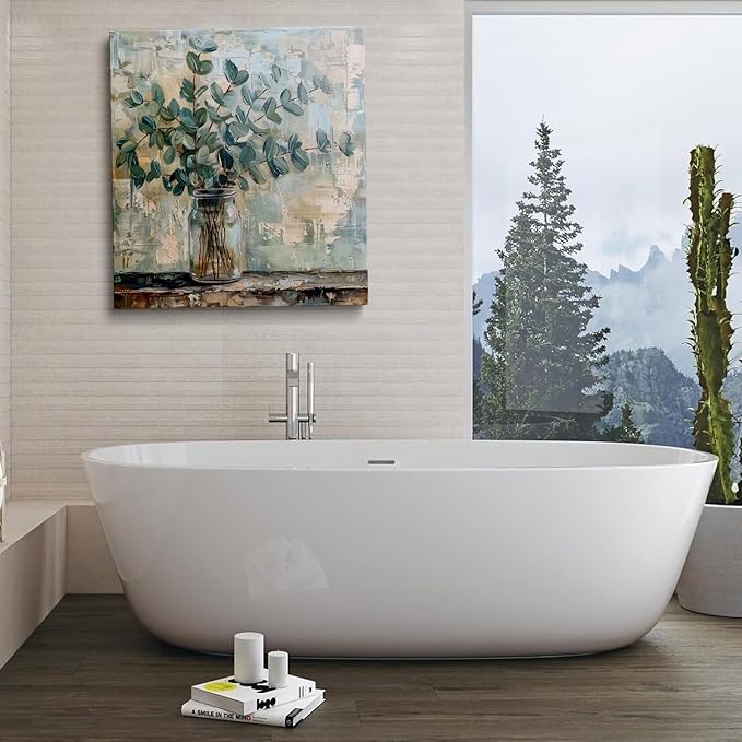 Eucalyptus Botanical Vase Wall Art Canvas Print Abstract Farmhouse Painting Rustic Modern Home Wall Decor for Living Room Bedroom Office Soft Green Leaves Still Life Artwork Canvas 14x14 Inches