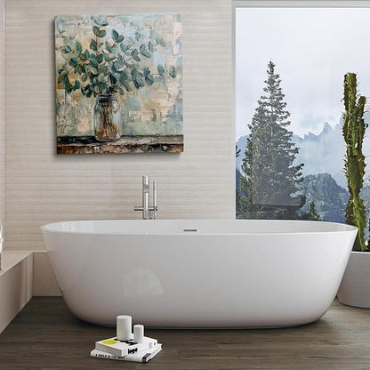 Eucalyptus Botanical Vase Wall Art Canvas Print Abstract Farmhouse Painting Rustic Modern Home Wall Decor for Living Room Bedroom Office Soft Green Leaves Still Life Artwork Canvas 14x14 Inches