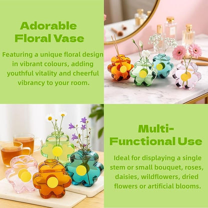 Covzoe 4 Pack Small Glass Vases, Colorful Unique Flower Shaped Vase, Cute Glass Bud Vases for Centerpieces, Girly Modern Decorative Mini Vase for Living Room Bedroom Shelf Home, Office, Wedding