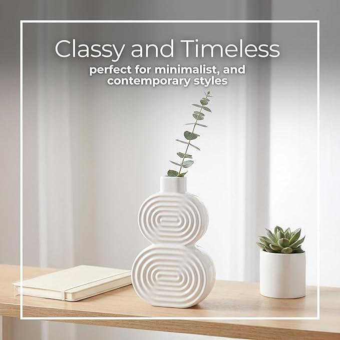 Decorative Flower Vase for Home Decor – Ceramic Modern Flower Vase with Stacked Design, Stylish Table Centerpiece for Living Room or Entry Display - Boho for Faux Flowers and Greenery – 10", White