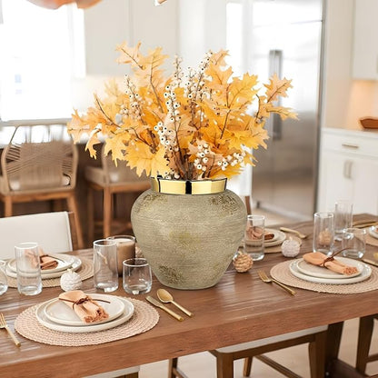 Rustic Ceramic Vase with Gold Rim – 9" Decorative Flower Vases for Living Room, Dining Table Centerpiece & Shelf Décor – Modern Farmhouse, Boho & Contemporary Home Accents