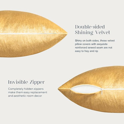 Phantoscope Pack of 2 Velvet Decorative Throw Pillow Covers Soft Solid Square Cushion Case for Couch Shiny Gold 12 x 20 inches 30 x 50 cm
