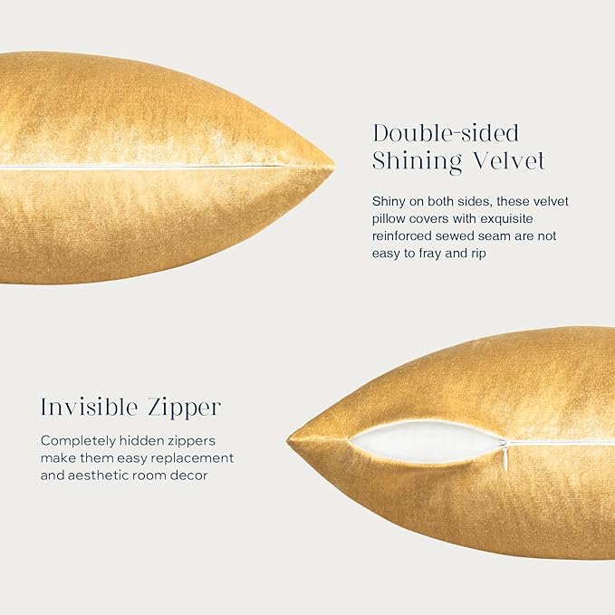 Phantoscope Pack of 2 Velvet Decorative Throw Pillow Covers Soft Solid Square Cushion Case for Couch Shiny Gold 18 x 18 inches 45 x 45 cm